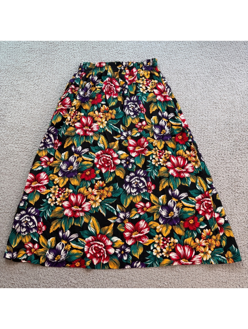 Vintage 90s SG Harper Floral Midi Skirt Womens M Black Rayon Cottagecore Grunge